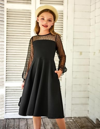 Arshiner Girl's Contrast Mesh Puff Long Sleeve High Waist A Line Princess Skater Party Dress With Pockets For Kids 6-16 Years