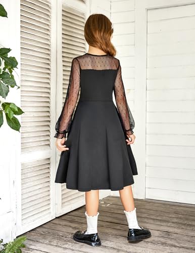 Arshiner Girl's Contrast Mesh Puff Long Sleeve High Waist A Line Princess Skater Party Dress With Pockets For Kids 6-16 Years