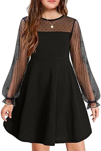 Arshiner Girl's Contrast Mesh Puff Long Sleeve High Waist A Line Princess Skater Party Dress with Pockets for Kids 6-16 Years
