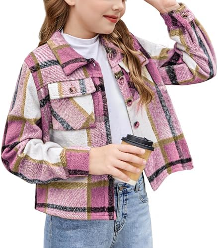 Arshiner Girl's Flannel Checked Long Sleeve Tops Kids Autumn Winter Blouses Comfort Fashion Button-Down Jacket for Girls 6-14 Years