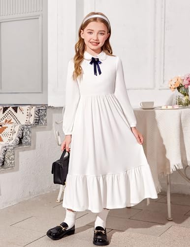 Arshiner Girls Dress Lantern Sleeve Casual Round Neck Long Dresses Kids A-Line Swing Dress Festive Party Dresses For Children With Pocket 6-14 Years