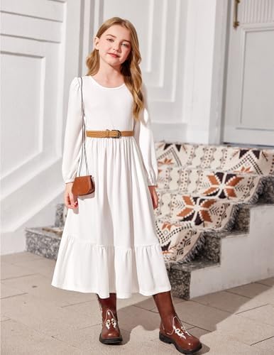 Arshiner Girls Dress Lantern Sleeve Casual Round Neck Long Dresses Kids A-Line Swing Dress Festive Party Dresses For Children With Pocket 6-14 Years