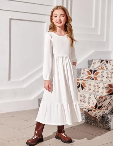 Arshiner Girls Dress Lantern Sleeve Casual Round Neck Long Dresses Kids A-Line Swing Dress Festive Party Dresses For Children With Pocket 6-14 Years