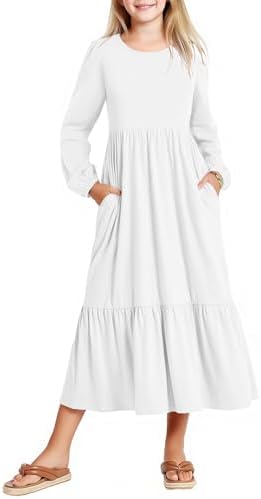 Arshiner Girls Dress Lantern Sleeve Casual Round Neck Long Dresses Kids A-Line Swing Dress Festive Party Dresses for Children with Pocket 6-14 Years