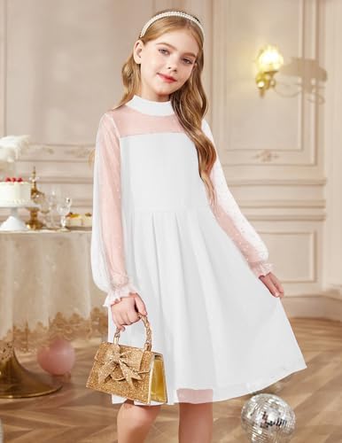 Arshiner Girls Dress Mesh Long Sleeve Party Dresses Round Neck Casual Solid Color Children Dress A-Line Midi Festive Dresses 6-14 Years