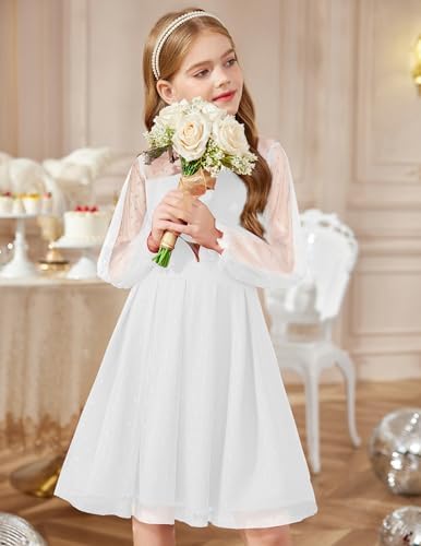 Arshiner Girls Dress Mesh Long Sleeve Party Dresses Round Neck Casual Solid Color Children Dress A-Line Midi Festive Dresses 6-14 Years