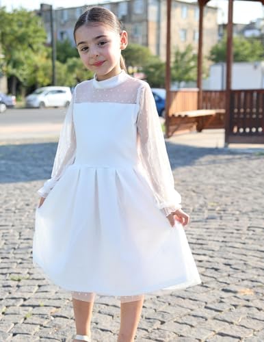 Arshiner Girls Dress Mesh Long Sleeve Party Dresses Round Neck Casual Solid Color Children Dress A-Line Midi Festive Dresses 6-14 Years