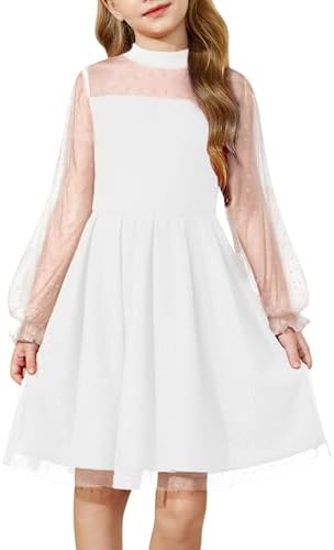 Arshiner Girls Dress Mesh Long Sleeve Party Dresses Round Neck Casual Solid Color Children Dress A-Line Midi Festive Dresses 6-14 Years
