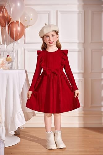 Arshiner Girls Dress Ruffle Sleeve Bow Tie Ribbed Knit A-Line Dresses Party Autumn Winter Casual Dress For Kids 3-8 Years