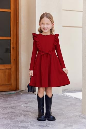 Arshiner Girls Dress Ruffle Sleeve Bow Tie Ribbed Knit A-Line Dresses Party Autumn Winter Casual Dress For Kids 3-8 Years