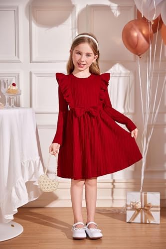Arshiner Girls Dress Ruffle Sleeve Bow Tie Ribbed Knit A-Line Dresses Party Autumn Winter Casual Dress For Kids 3-8 Years