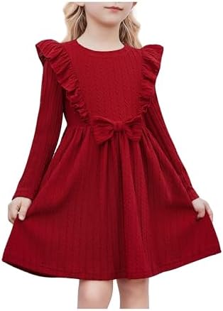 Arshiner Girls Dress Ruffle Sleeve Bow Tie Ribbed Knit A-Line Dresses Party Autumn Winter Casual Dress for Kids 3-8 Years