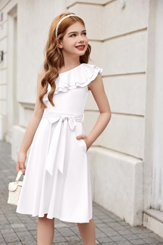 Arshiner Girls Dresses One-Shoulder Kids Dresses Summer Sleeveless Dress Ruffle Neck Elegant Party Festival Dresses Swing With Belt Dress For Girls 5-13 Years