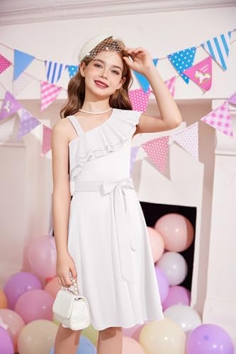 Arshiner Girls Dresses One-Shoulder Kids Dresses Summer Sleeveless Dress Ruffle Neck Elegant Party Festival Dresses Swing With Belt Dress For Girls 5-13 Years