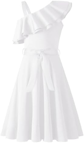 Arshiner Girls Dresses One-Shoulder Kids Dresses Summer Sleeveless Dress Ruffle Neck Elegant Party Festival Dresses Swing with Belt Dress for Girls 5-13 Years