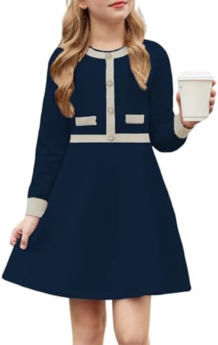 Arshiner Girls' Dresses Winter Kids Warm Knitted Dress A-Line Party Festive Elegant Long Sleeve Dresses for Girls 6-14 Years