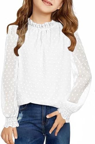 Arshiner Girls Long Sleeve Shirt Chiffon Kids Dot Pleated Collar Blouse Casual Top Spring Fall Winter Blouse for Girls 4-13 Years