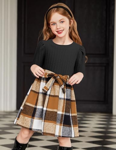 Arshiner Girls Puff Long Sleeve Dresses Rib Knit Checked Patchwork Belted Children Princess Party Dress Kids Autumn Winter Dresses With Pockets 4-14 Years