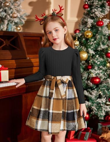 Arshiner Girls Puff Long Sleeve Dresses Rib Knit Checked Patchwork Belted Children Princess Party Dress Kids Autumn Winter Dresses With Pockets 4-14 Years