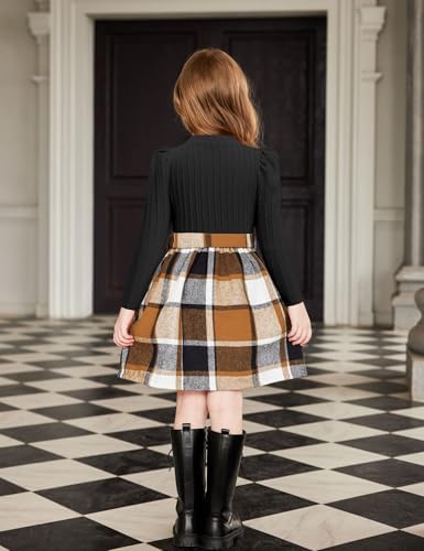 Arshiner Girls Puff Long Sleeve Dresses Rib Knit Checked Patchwork Belted Children Princess Party Dress Kids Autumn Winter Dresses With Pockets 4-14 Years