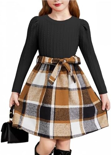 Arshiner Girls Puff Long Sleeve Dresses Rib Knit Checked Patchwork Belted Children Princess Party Dress Kids Autumn Winter Dresses with Pockets 4-14 Years
