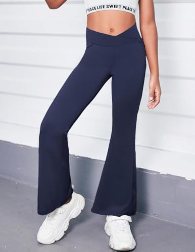 Arshiner Girls School Trouser Flare Leggings High Waisted V Crossover Casual Yoga Bell Bottoms With Pockets Pants For Kid