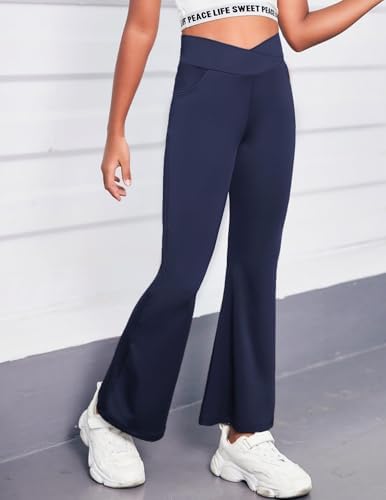 Arshiner Girls School Trouser Flare Leggings High Waisted V Crossover Casual Yoga Bell Bottoms With Pockets Pants For Kid