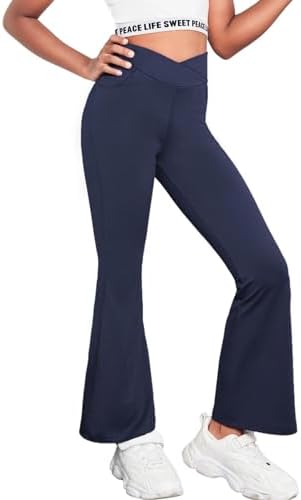 Arshiner Girls School Trouser Flare Leggings High Waisted V Crossover Casual Yoga Bell Bottoms with Pockets Pants for Kid