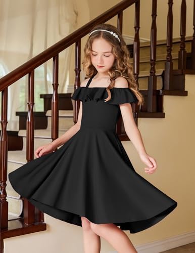 Arshiner Girls Summer Dress Off Shoulder Children's Dress Ruffle Sleeves Elegant Strap Dress Children A Line Swing Dress High Low Dress Casual Dresses With Pocket 4-13Years