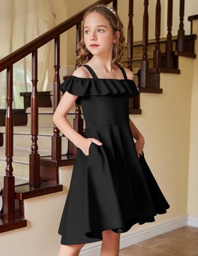 Arshiner Girls Summer Dress Off Shoulder Children's Dress Ruffle Sleeves Elegant Strap Dress Children A Line Swing Dress High Low Dress Casual Dresses With Pocket 4-13Years