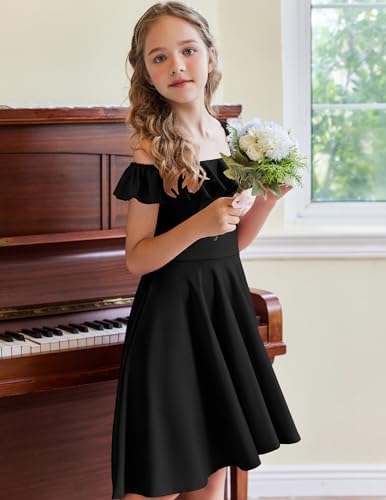 Arshiner Girls Summer Dress Off Shoulder Children's Dress Ruffle Sleeves Elegant Strap Dress Children A Line Swing Dress High Low Dress Casual Dresses With Pocket 4-13Years