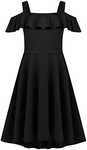 Arshiner Girls Summer Dress Off Shoulder Children's Dress Ruffle Sleeves Elegant Strap Dress Children A Line Swing Dress High Low Dress Casual Dresses with Pocket 4-13Years