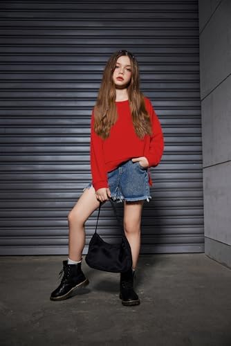 Arshiner Girls Sweatshirt Ultracomfortable Autumn Winter Crew Neck Solid Colour Sweater Casual Fashion Sport Long Sleeve Shirts For Kids 5-14 Years