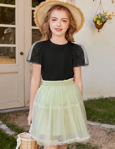 Arshiner Girls T-Shirt Summer Mesh Puff Sleeve Tops Kids Round Neck Shirt Basic Blouse Leisure Fashion Top Children's Clothing 5-14 Years