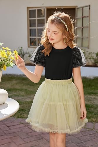 Arshiner Girls T-Shirt Summer Mesh Puff Sleeve Tops Kids Round Neck Shirt Basic Blouse Leisure Fashion Top Children's Clothing 5-14 Years