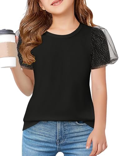 Arshiner Girls T-Shirt Summer Mesh Puff Sleeve Tops Kids Round Neck Shirt Basic Blouse Leisure Fashion Top Children's Clothing 5-14 Years