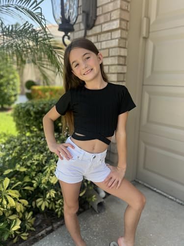 Arshiner Girls T-Shirts Crop Top Kids Summer Short Sleeve Solid Color Round Neck Shirt Casual Fashion Tee Shirt For Girls 8-15 Years