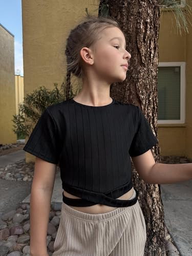Arshiner Girls T-Shirts Crop Top Kids Summer Short Sleeve Solid Color Round Neck Shirt Casual Fashion Tee Shirt For Girls 8-15 Years