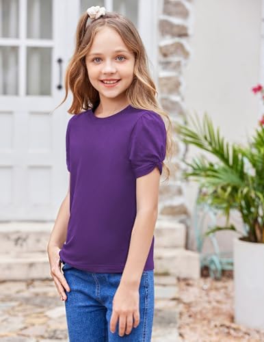 Arshiner Girls T-Shirts Puff Sleeve Kids Summer Round Neck Short Sleeve Tops Casual Cotton Fashion Tee Shirt For Girls 4-13 Years