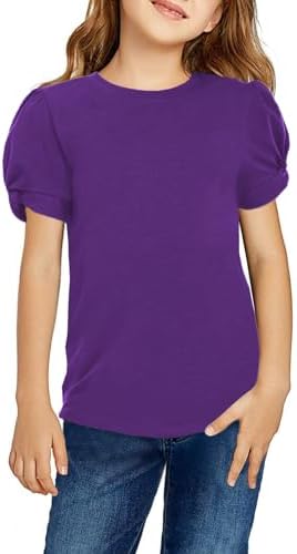 Arshiner Girls T-Shirts Puff Sleeve Kids Summer Round Neck Short Sleeve Tops Casual Cotton Fashion Tee Shirt for Girls 4-13 Years