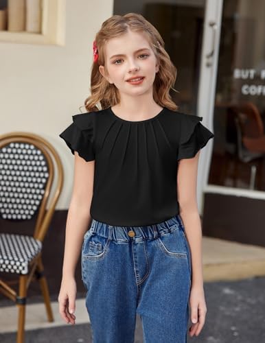 Arshiner Girls T Shirts Ruffle Short Sleeve Summer Pleated Crewneck Casual Tops Tees Blouses For Kids 5-12 Years