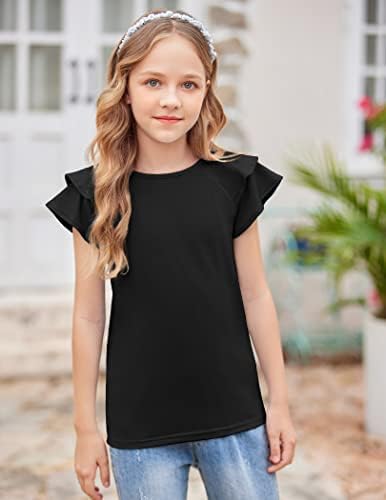 Arshiner Girls T-Shirts Wavy Sleeves Kids Summer Cotton Short Sleeve Tops Casual Fashion Round Neck Tshirt For Girls 3-13 Years