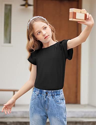 Arshiner Girls T-Shirts Wavy Sleeves Kids Summer Cotton Short Sleeve Tops Casual Fashion Round Neck Tshirt For Girls 3-13 Years