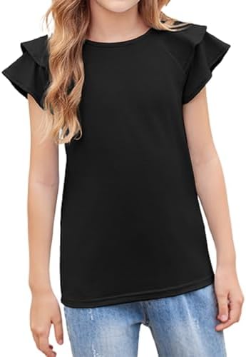 Arshiner Girls T-Shirts Wavy Sleeves Kids Summer Cotton Short Sleeve Tops Casual Fashion Round Neck Tshirt for Girls 3-13 Years