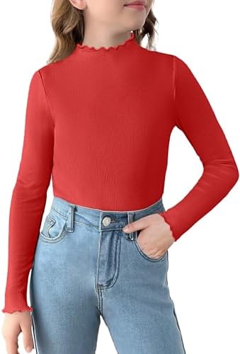 Arshiner Girls Turtleneck Top Long Sleeve Shirt Ribbed Stretchy School Tops Kids Layering Base Layer Shirt Autumn Winter Thermal Undershirt Ages 4–13
