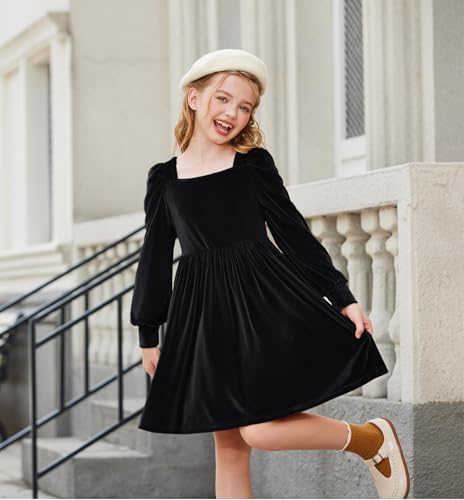 Arshiner Girls Velvet Dress Winter Elegant Party Dresses With Square Neck Lantern Sleeves Casual Long Sleeve Dress For Kids 6-14 Years