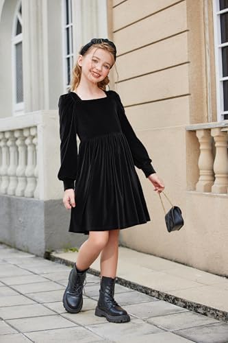 Arshiner Girls Velvet Dress Winter Elegant Party Dresses With Square Neck Lantern Sleeves Casual Long Sleeve Dress For Kids 6-14 Years