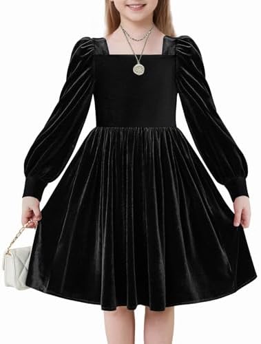 Arshiner Girls Velvet Dress Winter Elegant Party Dresses with Square Neck Lantern Sleeves Casual Long Sleeve Dress for Kids 6-14 Years