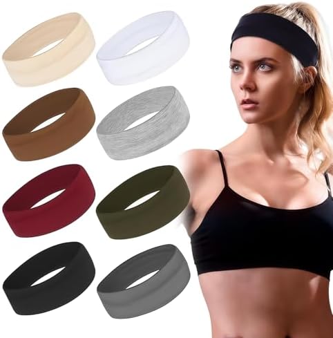 AstraGlam 8-Pack Wide Headbands for Women and Men 2.5 Inch Non-Slip Sport Sweatbands Elastic Hair Bands for Workout Yoga Running Gym Assorted Colours