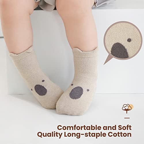 Auranso Baby Socks 5 Pairs Boys Non Slip Grip Socks Kids Girls Cotton Cartoon Animal Toddler Sock With Grips 6-12/12-18 Months UK Size 1-9.5